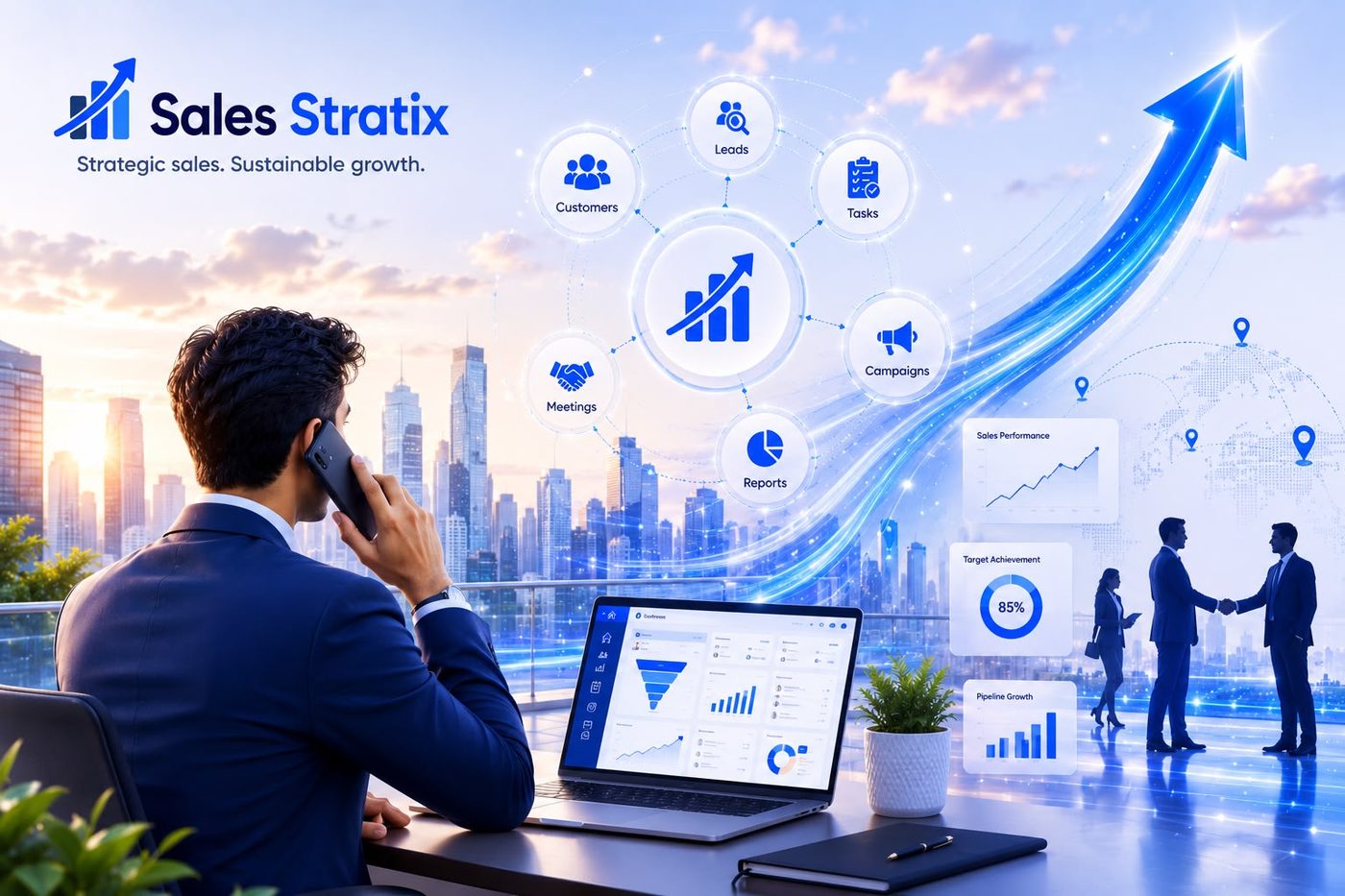 A salesperson working from a Sales Stratix dashboard, with customers, leads, tasks, campaigns, meetings and reports connected around it.