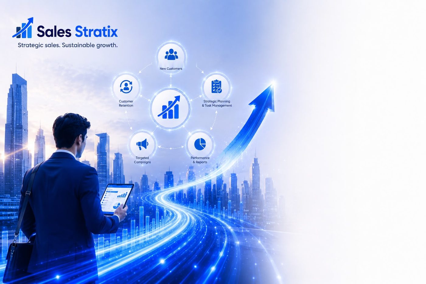 Sales Stratix at the centre of new customers, customer retention, strategic planning and task management, targeted campaigns, and performance and reports.